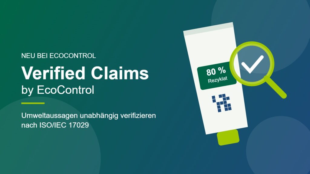 Verified Claims by EcoControl – stilisierte Kosmetiktube mit verifizierter Umweltaussage unter einer Lupe